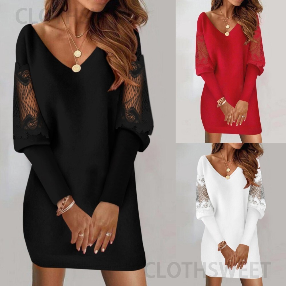 2023 autumn new V-neck long sleeved printed lace patchwork dress for women