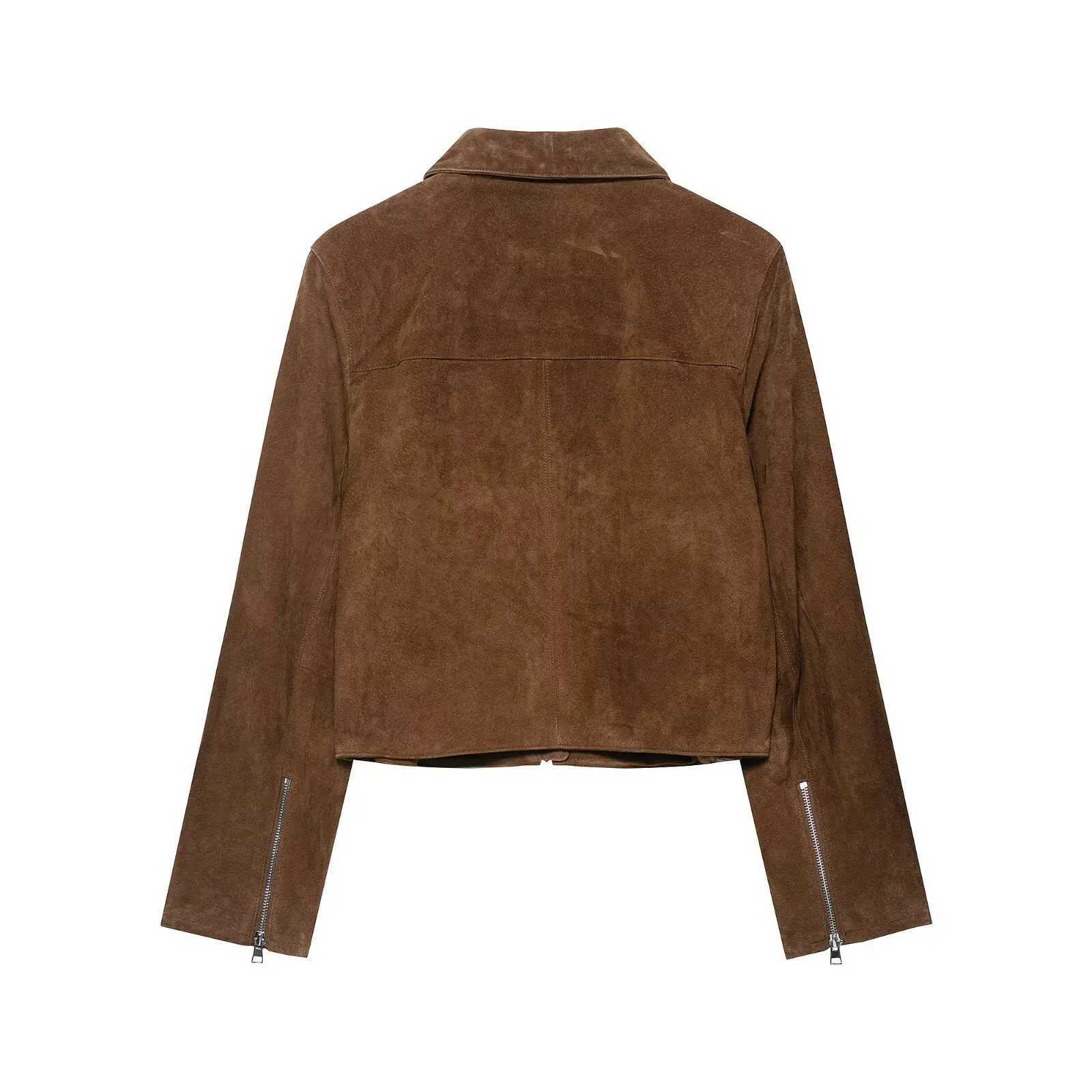 Women Vintage Suede Women Short Jacket Lapel Long Sleeve Zippers Pocket Female Outwear 2025 Autumn Elegant Lady Streetwear J251124
