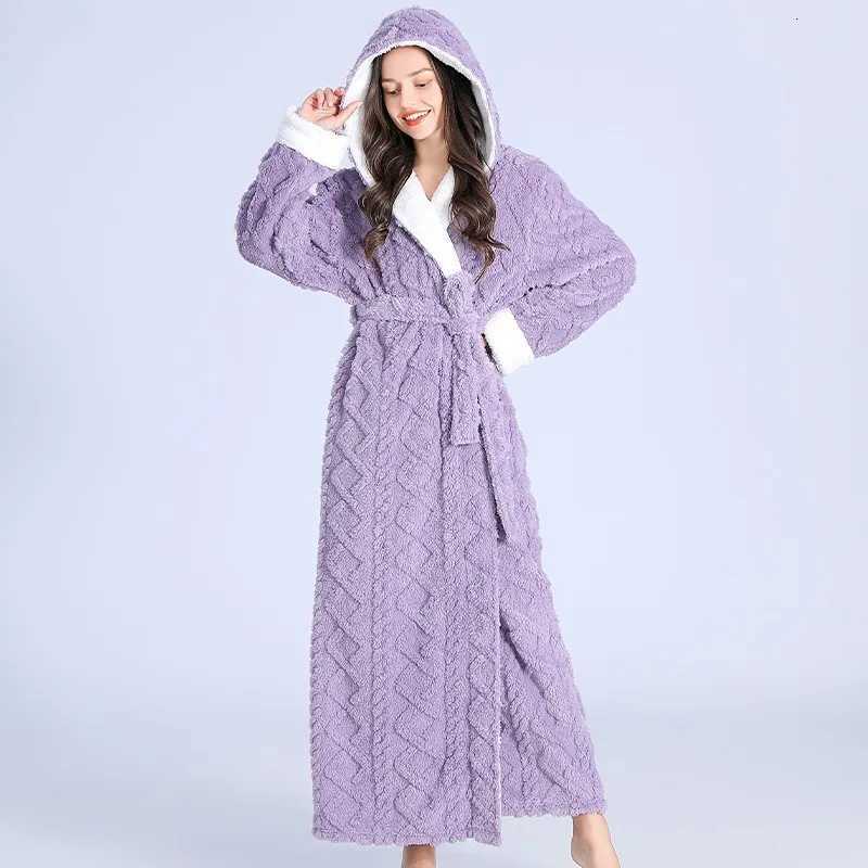Women Men Thermal Luxury Flannel Extra Long Bath Robe Winter Sexy Jacquard Bathrobe Warm Kimono Dressing Gown Hooded Robes C251124
