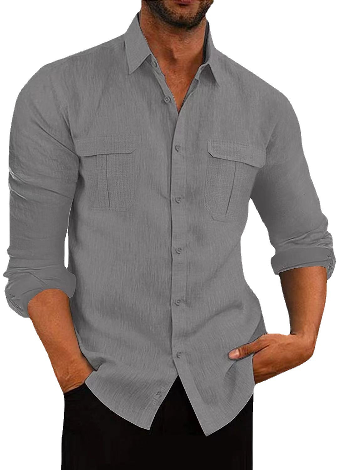 Mens shirt double pocket cotton linen long sleeve shirt leisure vacation shirt 6 colors