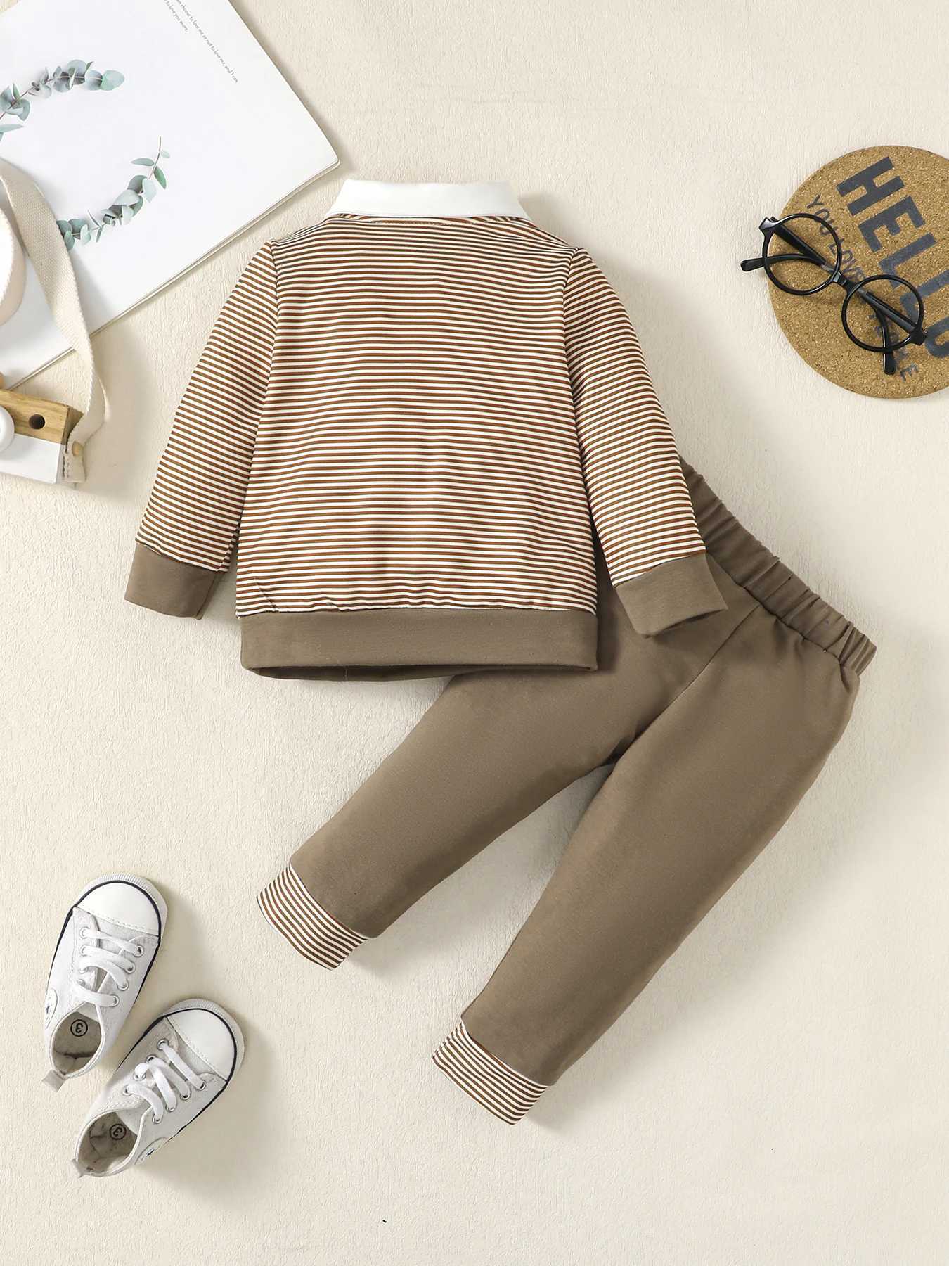 Clothing Sets 0-3 Years Baby Boy Set Bow Striped College Style Top+Pants 2Pcs/Set Toddler Baby Boy Spring and Autumn Set Baby clothing R250424 07TE
