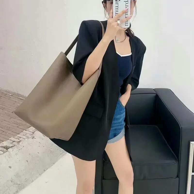 Designer Bag Simple Minimalist-Style Grey Black Bucket Tote 4 Sizes No Genuine Cow Leather Women Handbag Armpit Shoulder Bag