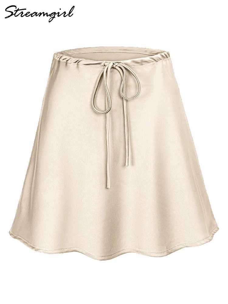 Satin mini leather womens summer beige silk womens short leather brushed high waisted black satin leather A-line womens short leather M250424