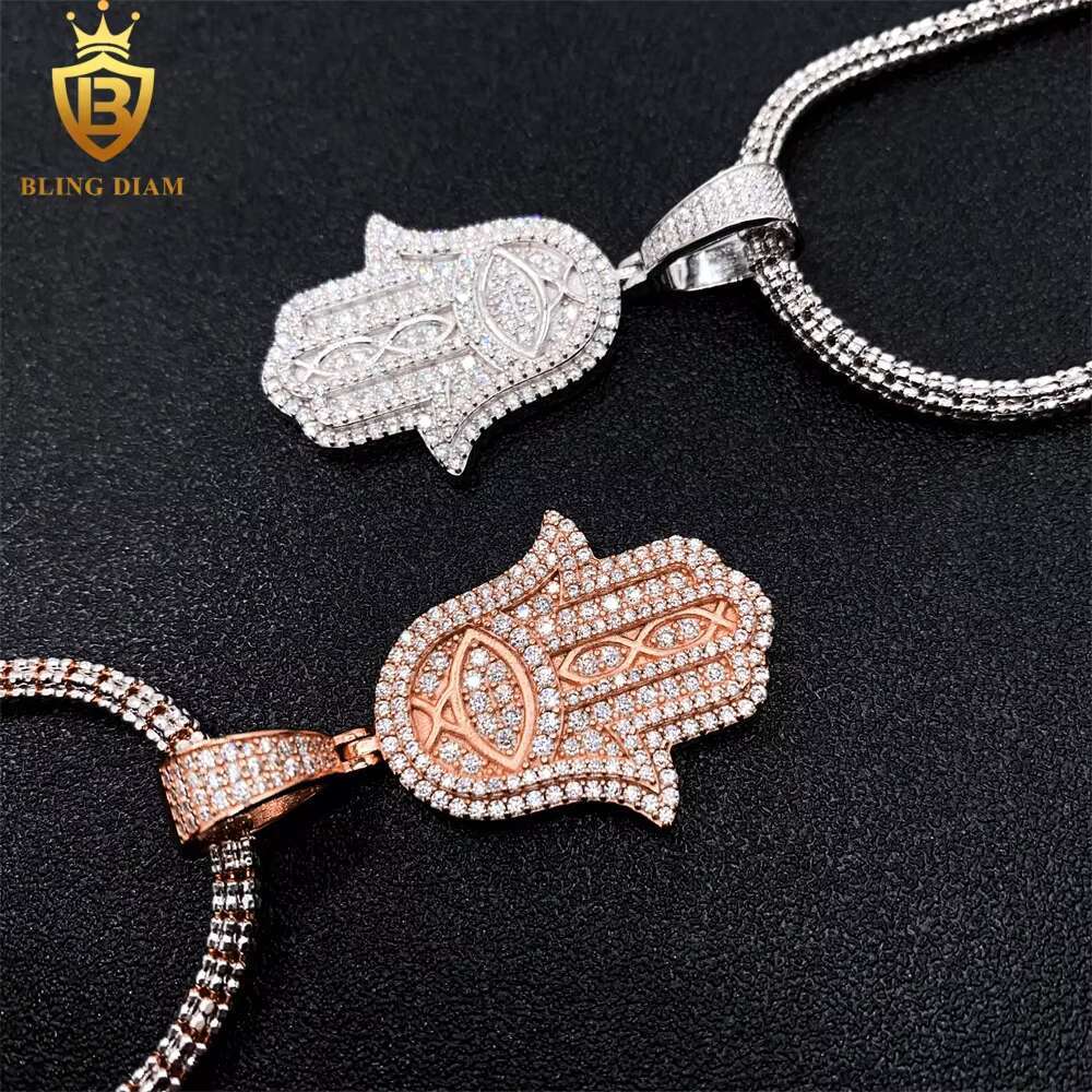Gra Certificate Hip Hop Jewelry 925 Sterling Silver Iced Out Moissanite Gold Plated Hamsa Hand Charm Pendant