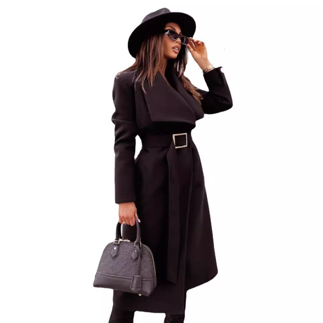 Autumn and winter 2022 simple long sleeve button V-neck strap woolen coat for women