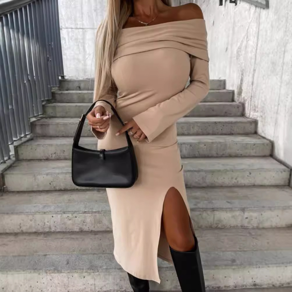 2023 Autumn/Winter New Long Sleeve Solid Color One Collar Split Dress for Women