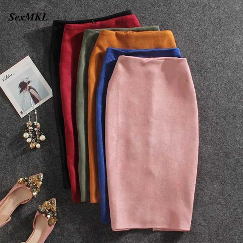 Winter sexy Bodycon suede leather 2025 fashionable knee long high waist office skirt Korean womens elegant ultra-thin pencil skirt M250424