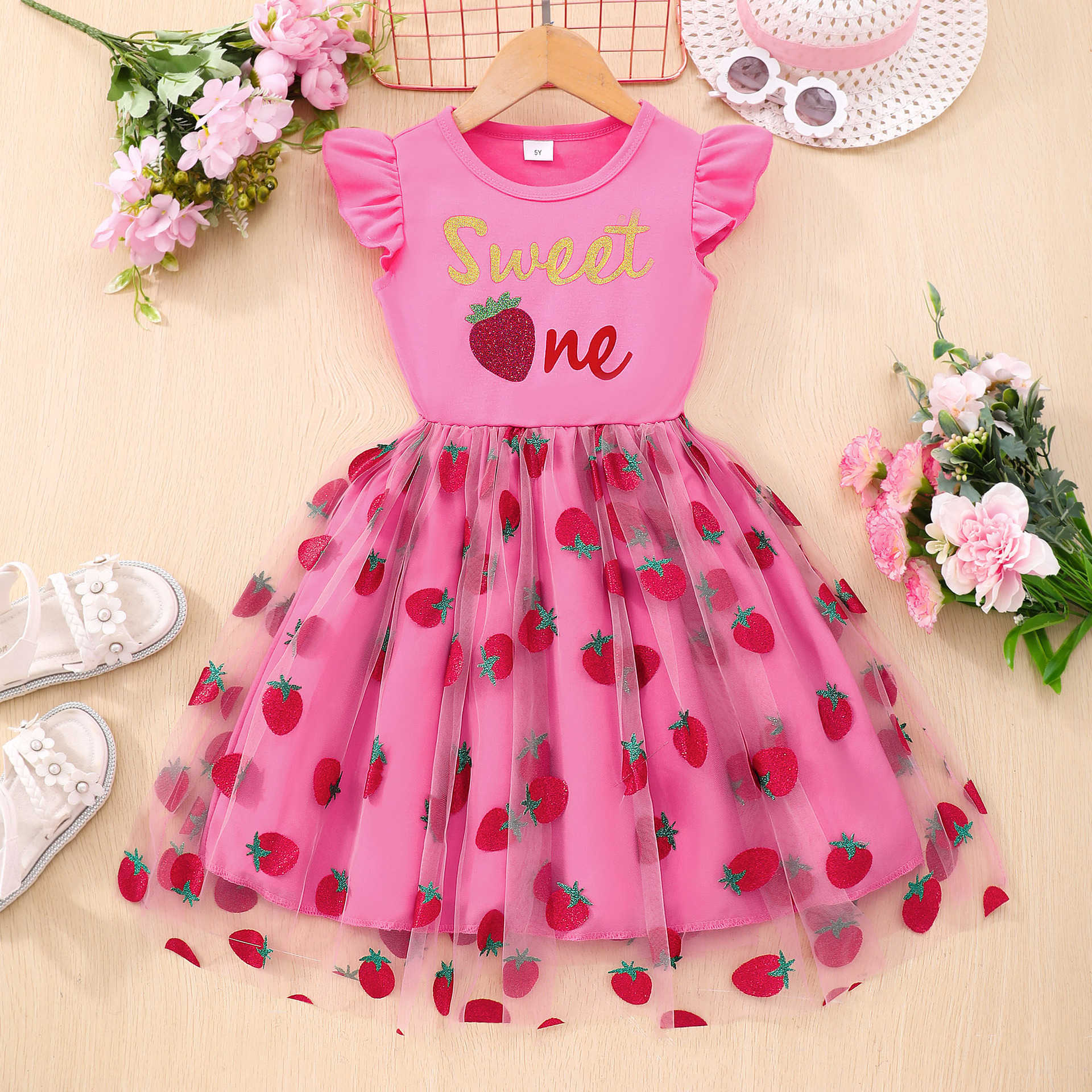 New Summer Flying Sleeve Printed Mesh Dress for Girls Y250423i1dg