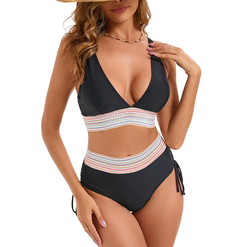 2025 Sexy Women V Neck Bikini Two Piece High Waist Swimsuit Colorblock Bikinis Set Panelled Swimwear Female Biquini Drawstring Beachwear Bathing Suit