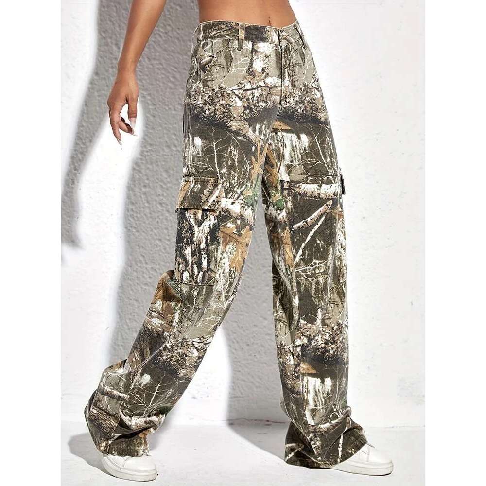 Camouflage Denim Trousers For Women High Waist Patchwork Button Colorblock Loose Wide Leg Pants Female Autumn Clothes