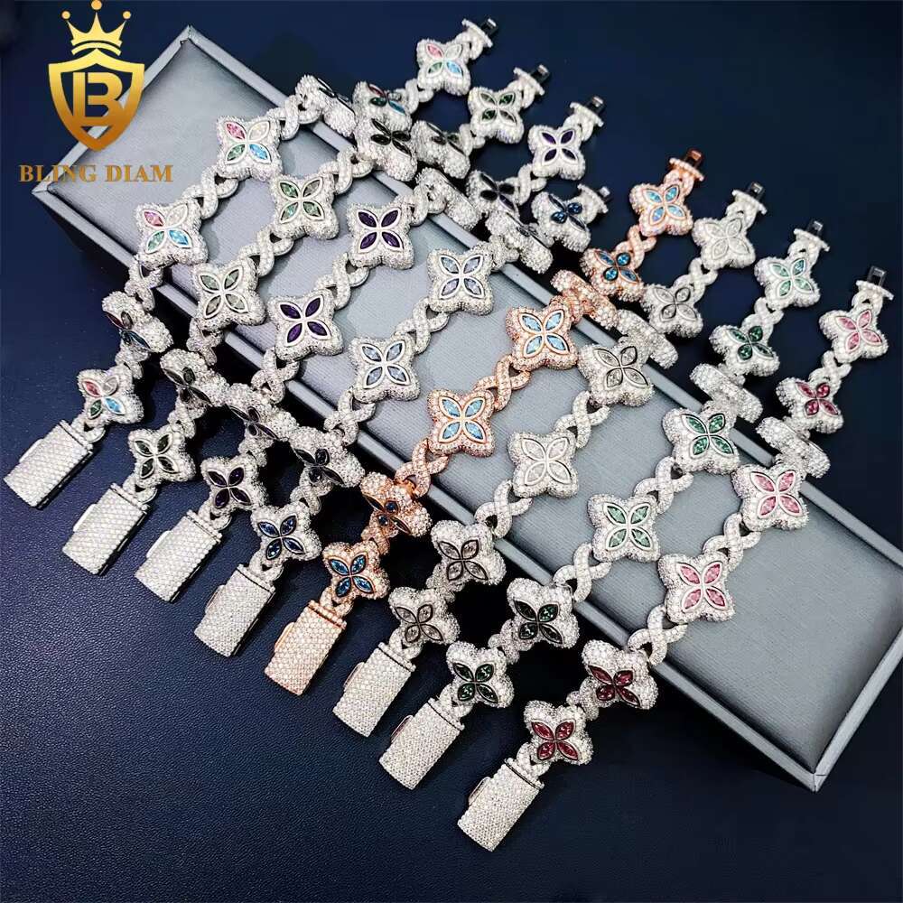 19mm Multiple Options Marquise Cut Flower New Design Colorful 925 Sliver Fancy Jewelry Moissanite Clover Iced Out Bracelet