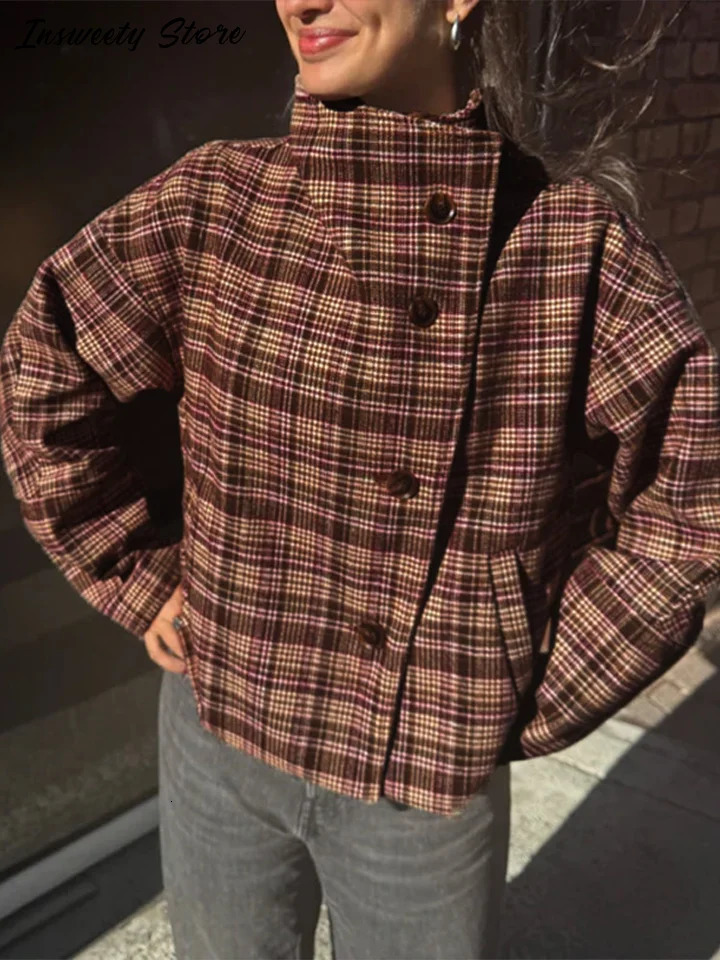 Fashion Plaid Coats Womens Stand Collar Single Breasted Long Sleeve Vintage Jacket 2025 Autumn Lady Casual Loose Overcoat 251124
