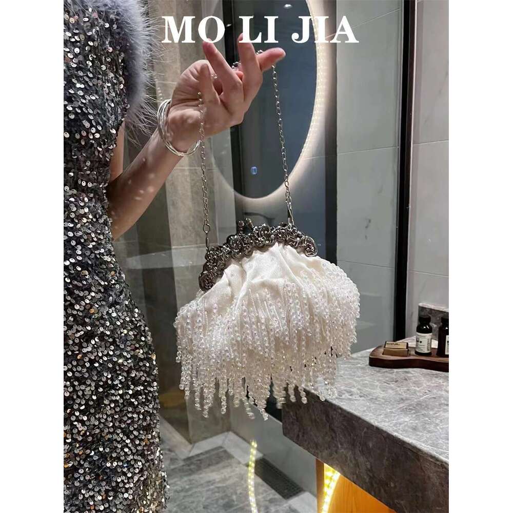 Designer Bag 2025 Designer White Satin Women Handbag Pearl Beaded Tassel Evening Wedding Party Clutch Purse Shoulder Crossbody Bag Luxury Bag