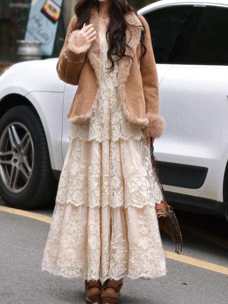 Coalfell French Vintage Three Layers Tower Lace Cake Ceremony Dress Ruffle V-Neck Long Temperament Large Hem Dresses