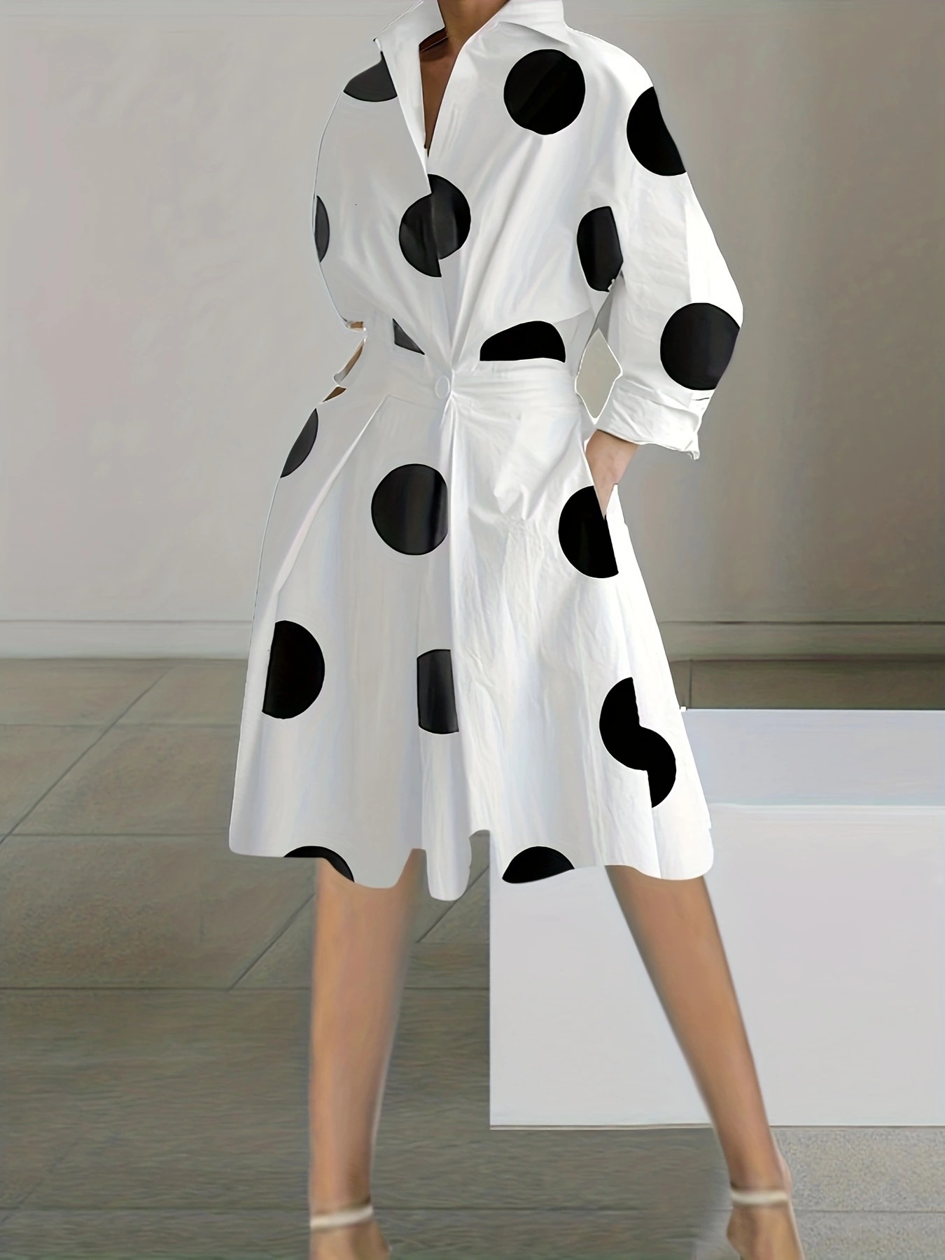 2023 Autumn New Fashion Long Sleeve V-neck Printed Medium length Dress for Women