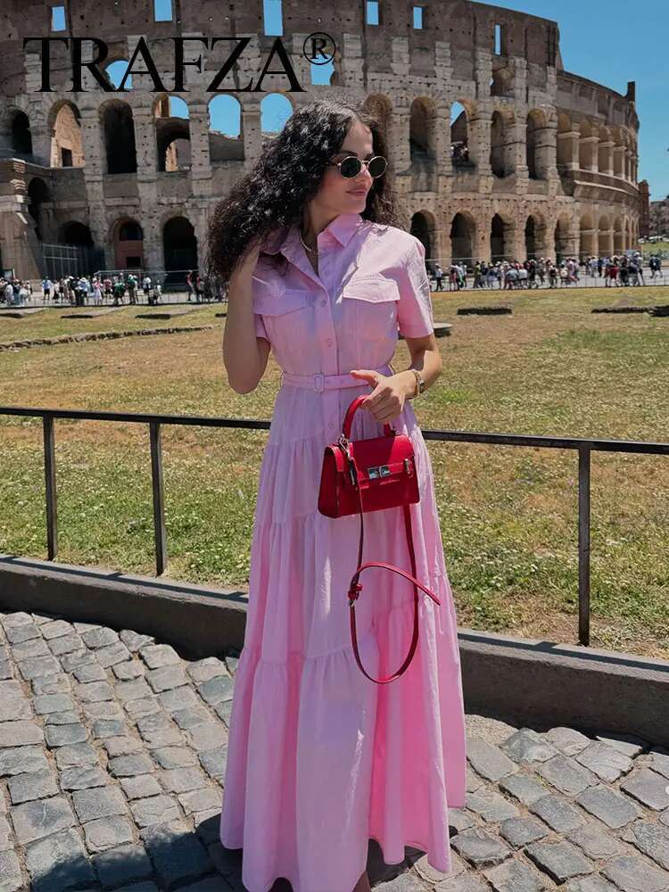 TRAFZA 2024 Female Elegant Long Dresses Solid Turn-Down Collar Short Sleeves Belt Single Breasted Women New Chic Summer Dress