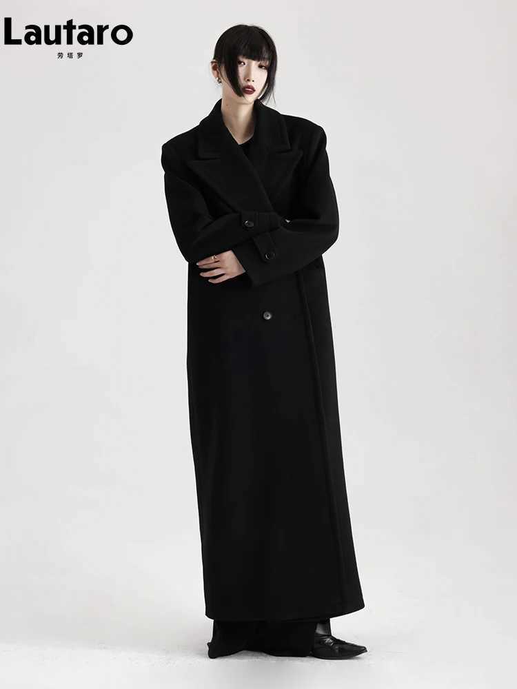 Lautaro Winter Luxury Extra Long Black Warm Soft Wool blends Coat for Women High Quality Loose Casual Woolen Overcoat 2024 J251124