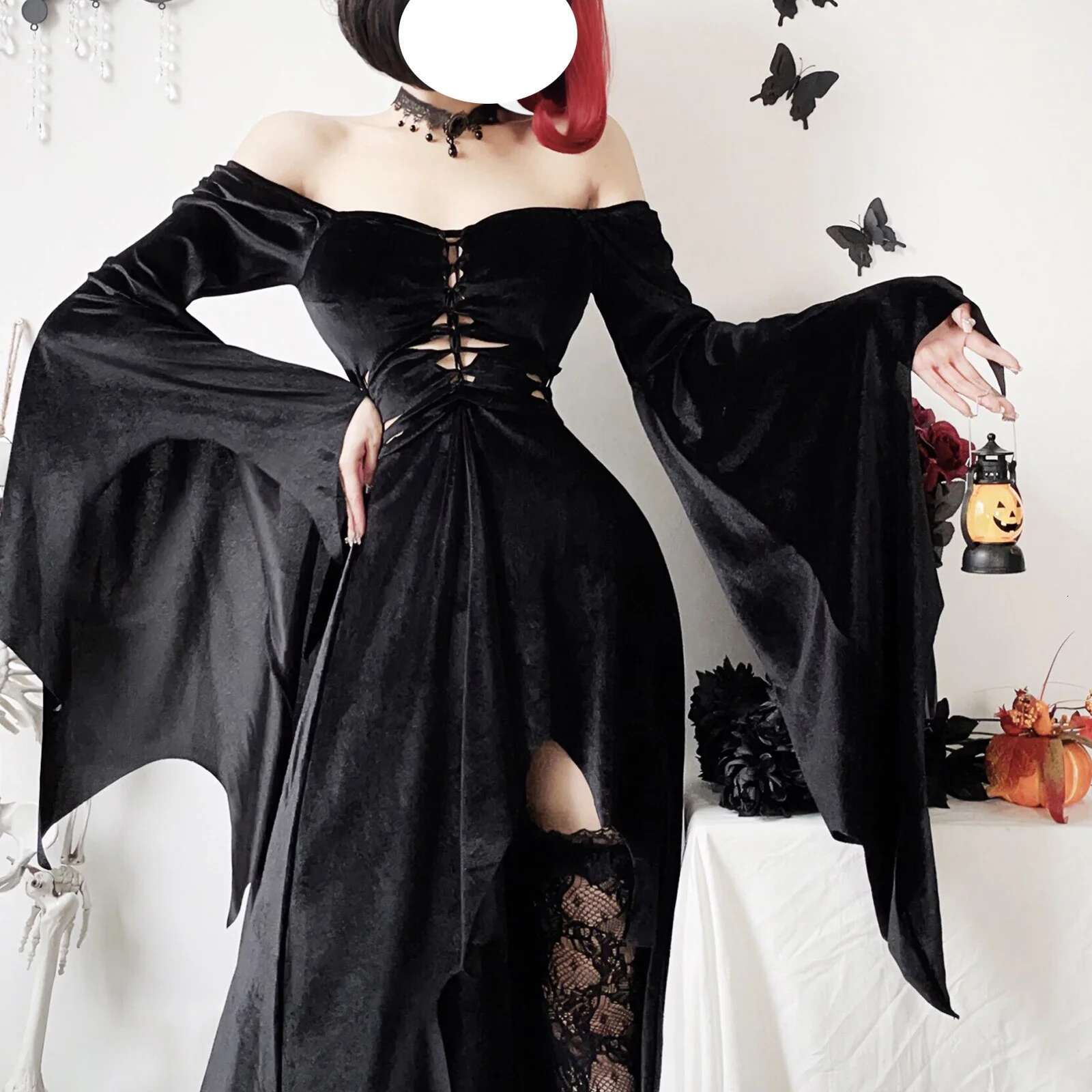 Vintage Flare Long Sleeve Vampire Bride Outfit Cosplay Death Black Dresses Haruku Gothic Halloween Costumes Witch Dress
