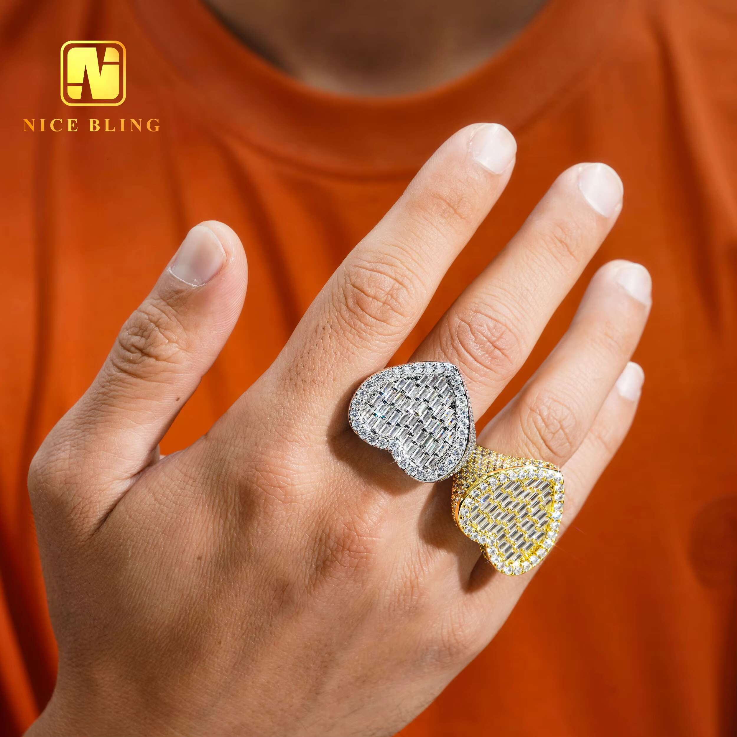 Half Iced Out Hip Hop Rings 18k Gold Plated Men Women Fashion Brass Jewelry Heart Shape baguette Cz Diamond Rings