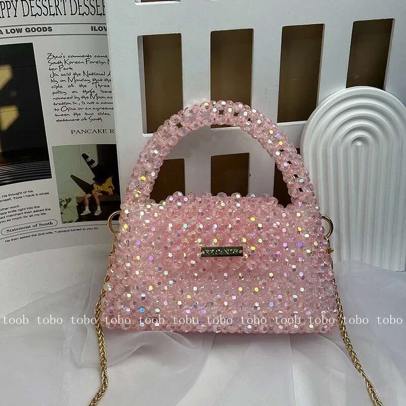 Designer bag Designer bag Designer bag Summer Shining Bling Pink Clutch Bag Acrylic Beaded Woven Handbags for Women Popular Crossbody Dinner Bags with
