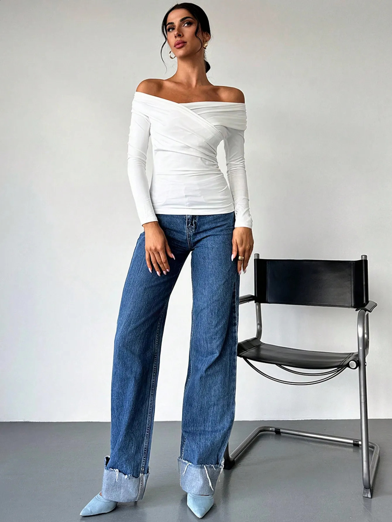 Womens long sleeved long sleeved top autumn slim fit warm short shoulder knitted T-shirt 250423