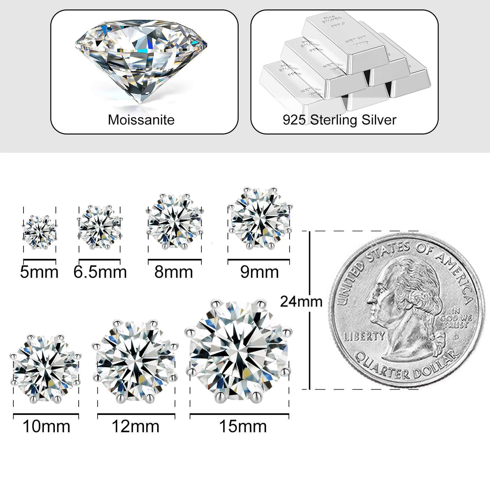 Pass Dia Tester 12ct VVS Earrings 8 Prong Sterling Sier Lab Moissanite Big Ear Stud Jewelry Men Women