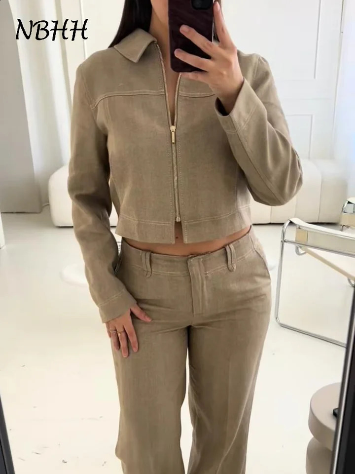 Fashion Solid Jacket Pants Set for Women with Collar Zipper Long Sleeve Cutting Straight Trouser Spring/Summer Casual Set 250423