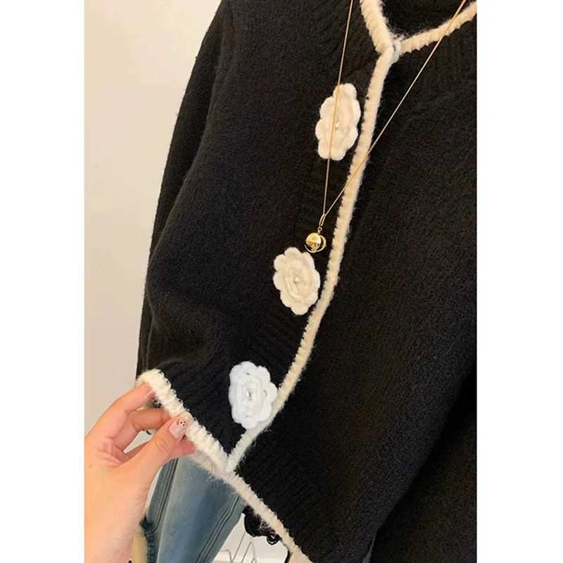 Autumn Winter Women Black Clothing Cardigan Knitting Sweater Long Sleeve Round Neck Casual Fashion Coat Female Flower Design TopT251125