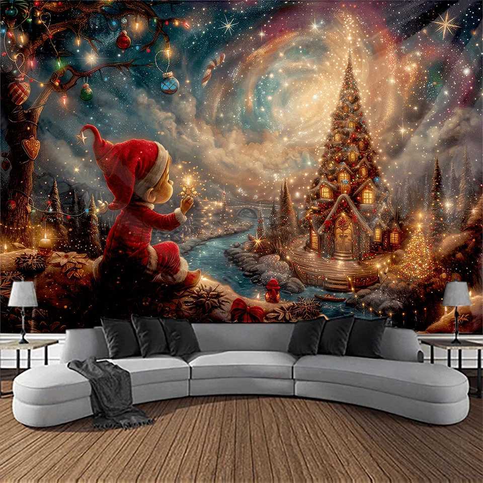 VIKAMA Christmas Elf Tapestry Dreamy Elves Sparkling Christmas Tree Starry Sky Living Room DecorationM251125