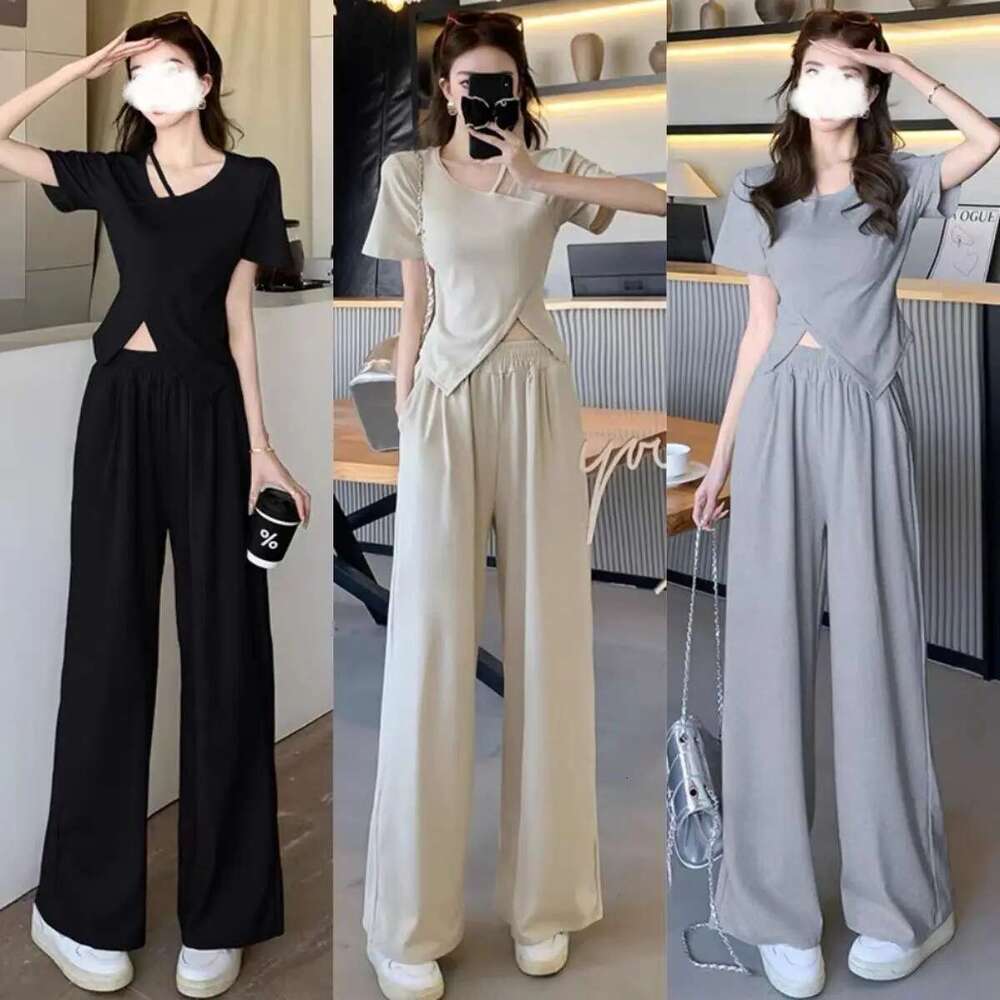 Summer New High-End Niche Irregular Fashion Suit Loose High Waist Slim Fit Fashionable Wide Leg Pants Two-Piece Set