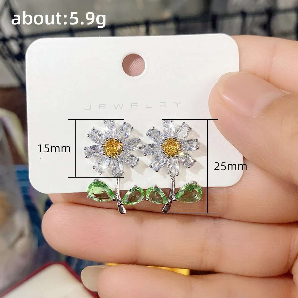Huitan Women Daisy Stud With Green Leaf Yellow Flower Fancy Ear Accessories For Party CZ Earrings Trendy Jewelry