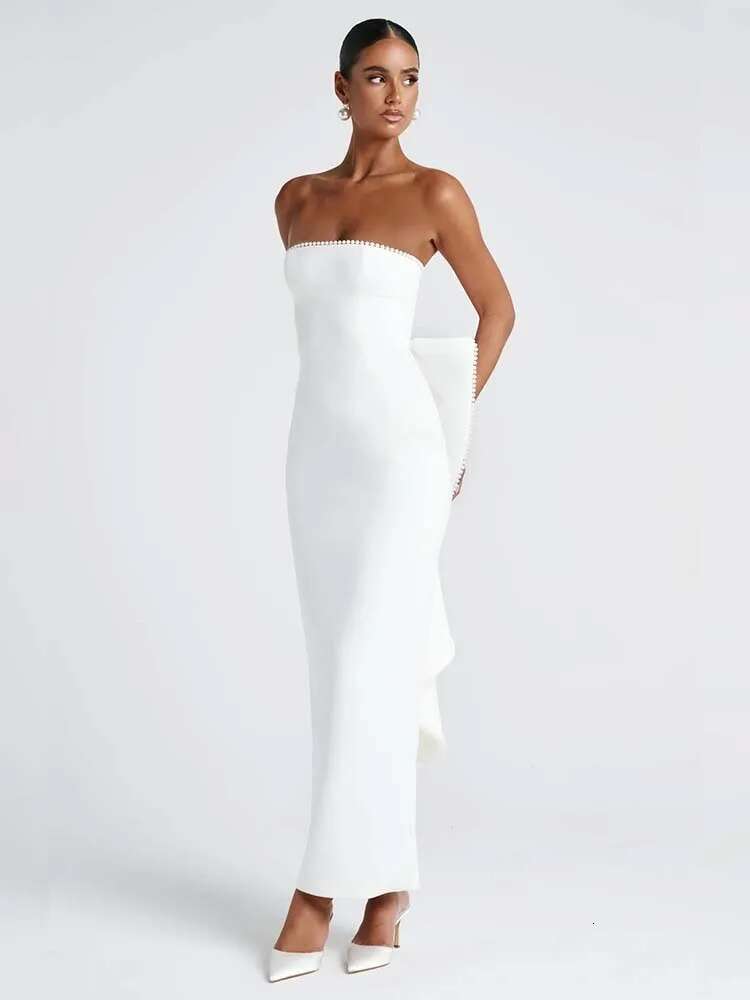 Dongdumaoyi Townlike Bow Pearl Backless Sexy Party Dress Women Strapless Spring Summer Slim Bodycon Maxi Long Dresses