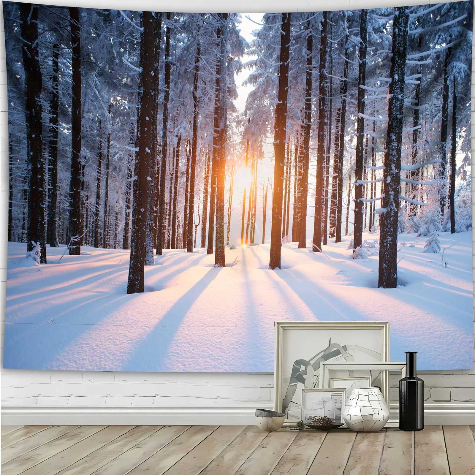 VIKAMA Christmas Nordic Snow Forest Sunlight Tapestry Winter Warmth Living Room Feature Wall Nordic Style Room DecorM251125