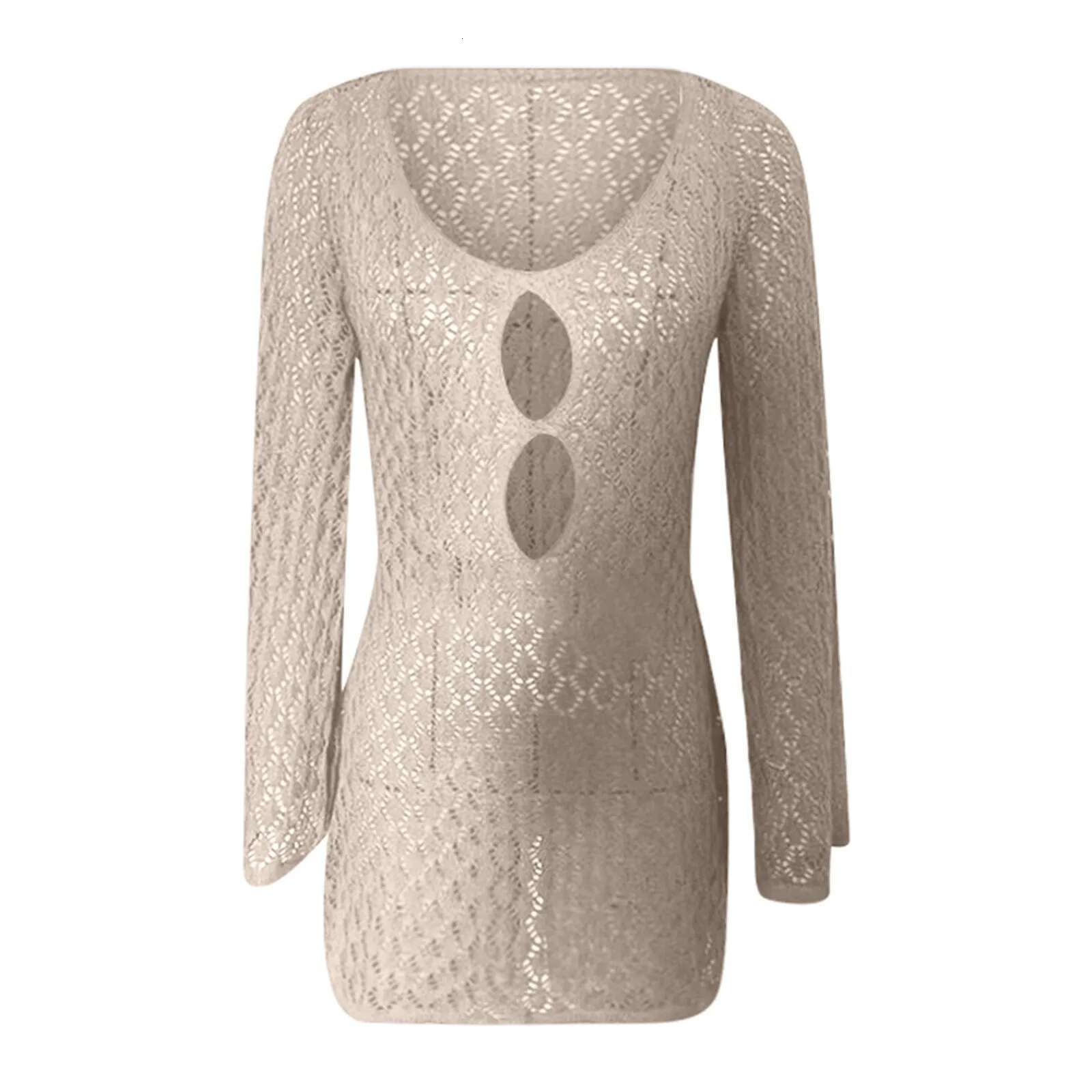 Dongdumaoyi Women Knit Beach Dress Bikini Cover Up Long Sleeve V Neck Backless Hollowed Solid Crochet Tunic Mini Female Clubwear