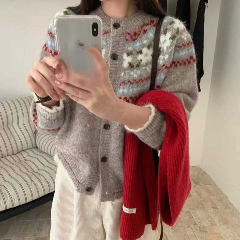 O Neck Jacquard Long Sleeved Cardigan Sweater Coat Retro Casual Womens Knitted Autumn Winter Loose Fashion Casual Sweet ClothesT251125