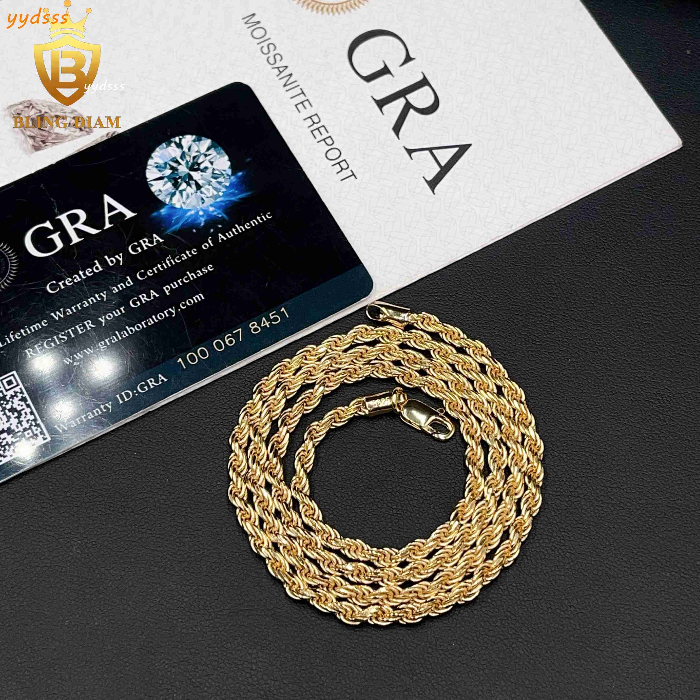 Wholesale 1.9mm-3.3mm Hip Hop Jewelry 925 Silver 14k 18K Gold Plated Franco Mens Rope Chain Necklace