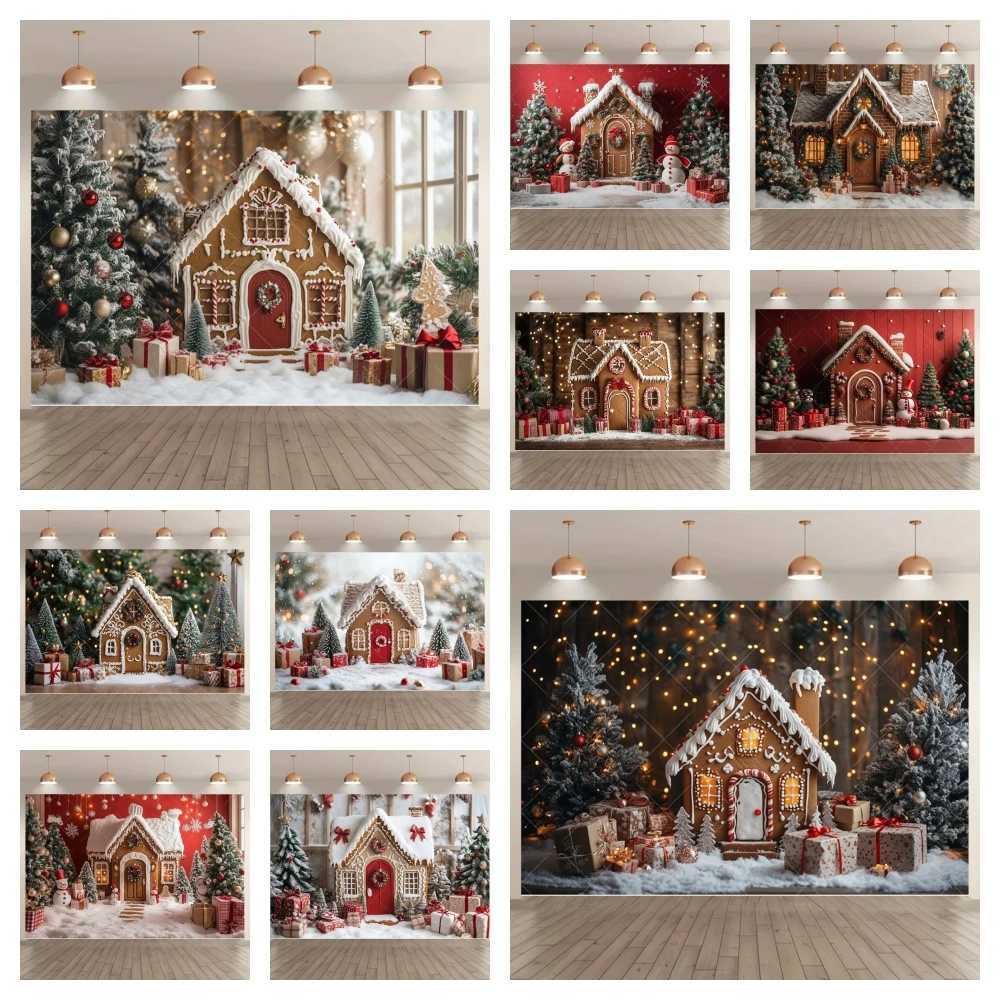Gingerbread House Christmas Theme Photography Backdrop Gift Box Christmas Tree Home Party Banner Photo SuppliesM251125