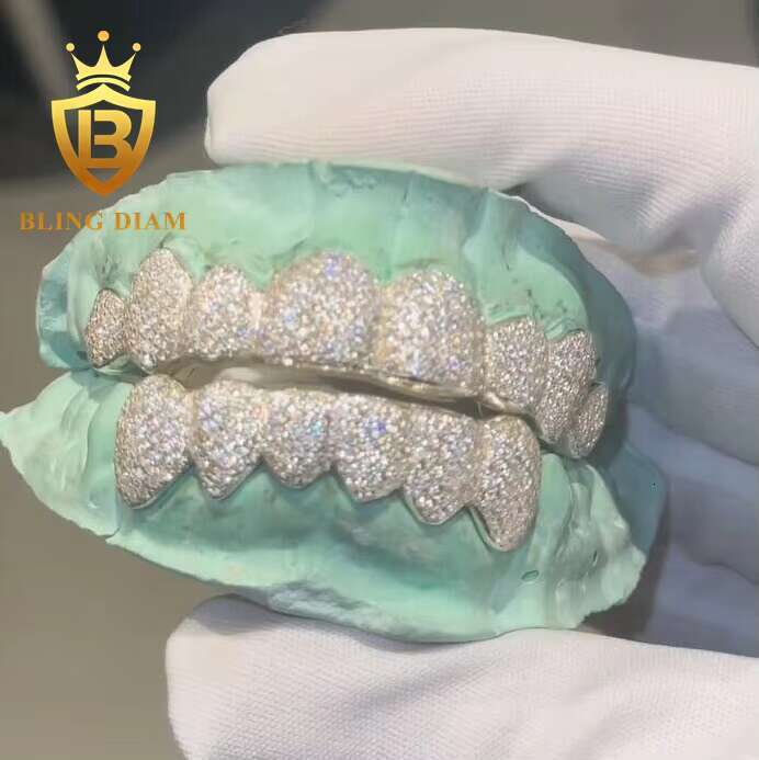 Hip Hop Jewelry Shine 8 TOP and 8 Bottom VVS Moissanite Grillz 925 Silver Iced Out Rapper Tooth Grillz Pass Diamond test