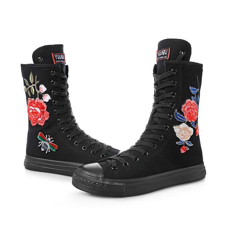 Autumn medium embroidery lace-up side zipper flat boots casual canvas inner heightening plush large size women's shoes