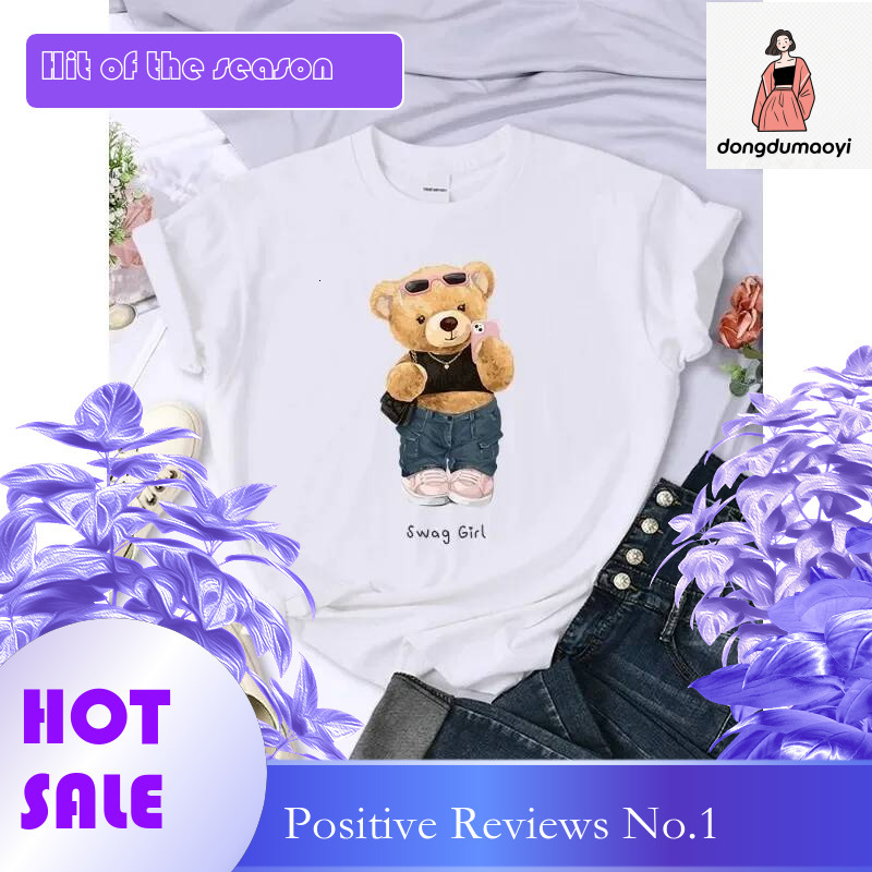 Dongdumaoyi Teddy Bear Selfie Swag Girl Fashion Fun Printed T Shirt Women Street Personalized Hip Hop Short Sleeve Summer Breathable