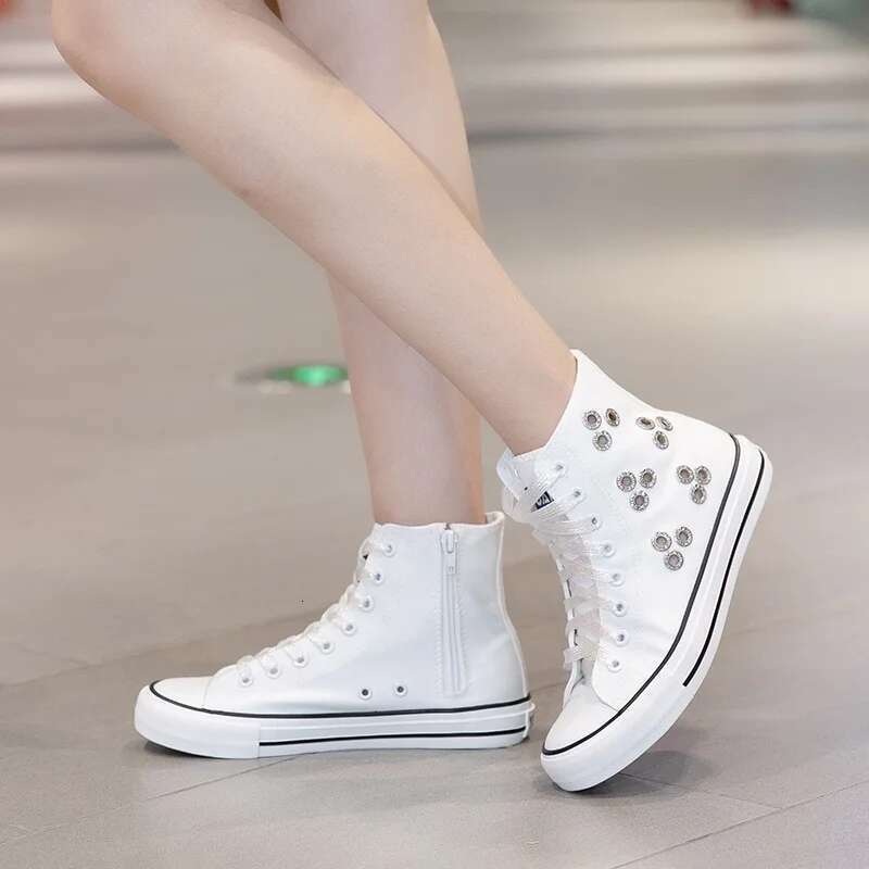 Spring and summer lace-up side zipper rivet breathable hole short canvas flat inner heightening large size women's shoes