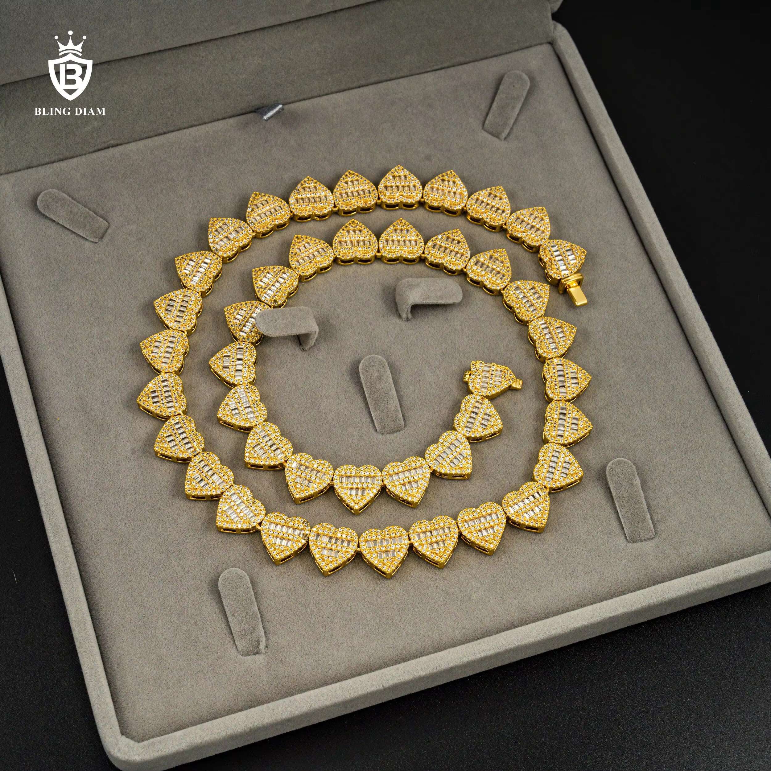New Design baguette Cubic Moissaniteia 13mm Heart Sterling Silver 925 Necklace Women Wholesale Cuban Link Chain