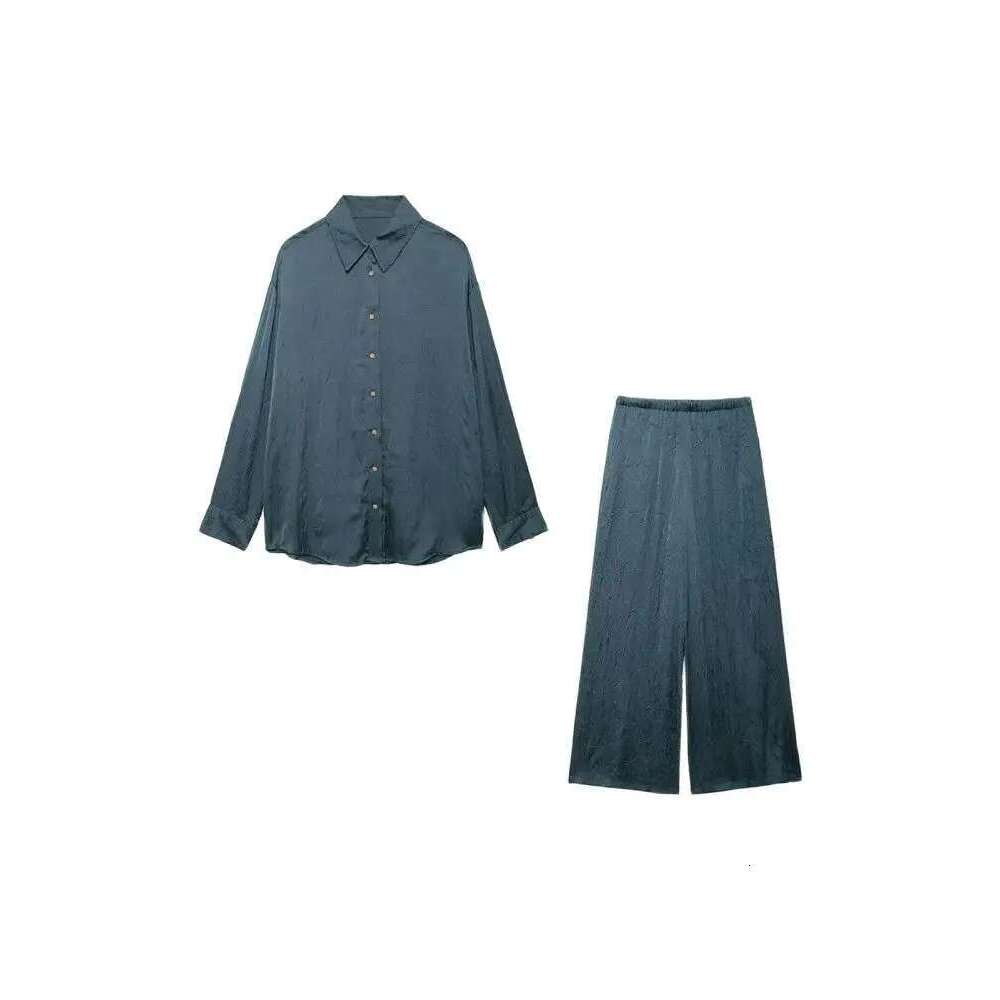 TRZA Women Fashion Creased-Effect Satin Shirts And High Elastic Waist Wide Leg Pants Female Two Piece Sets Mujer
