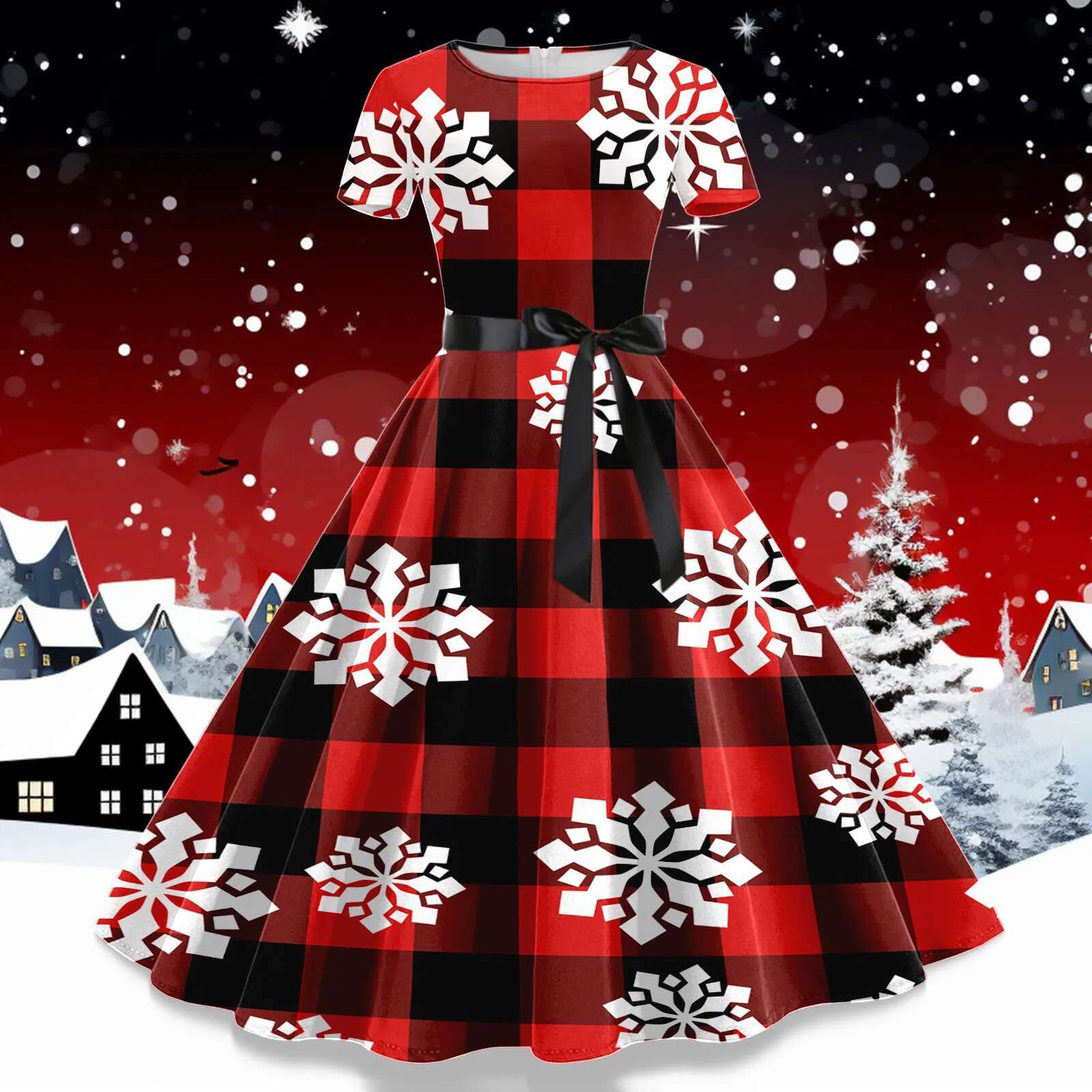 Dongdumaoyi Women S Fashion Christmas Print Dress Ladies Winter Casual Slim Short Sleeved Dresses Female Lace Splicing Hepburn Prom