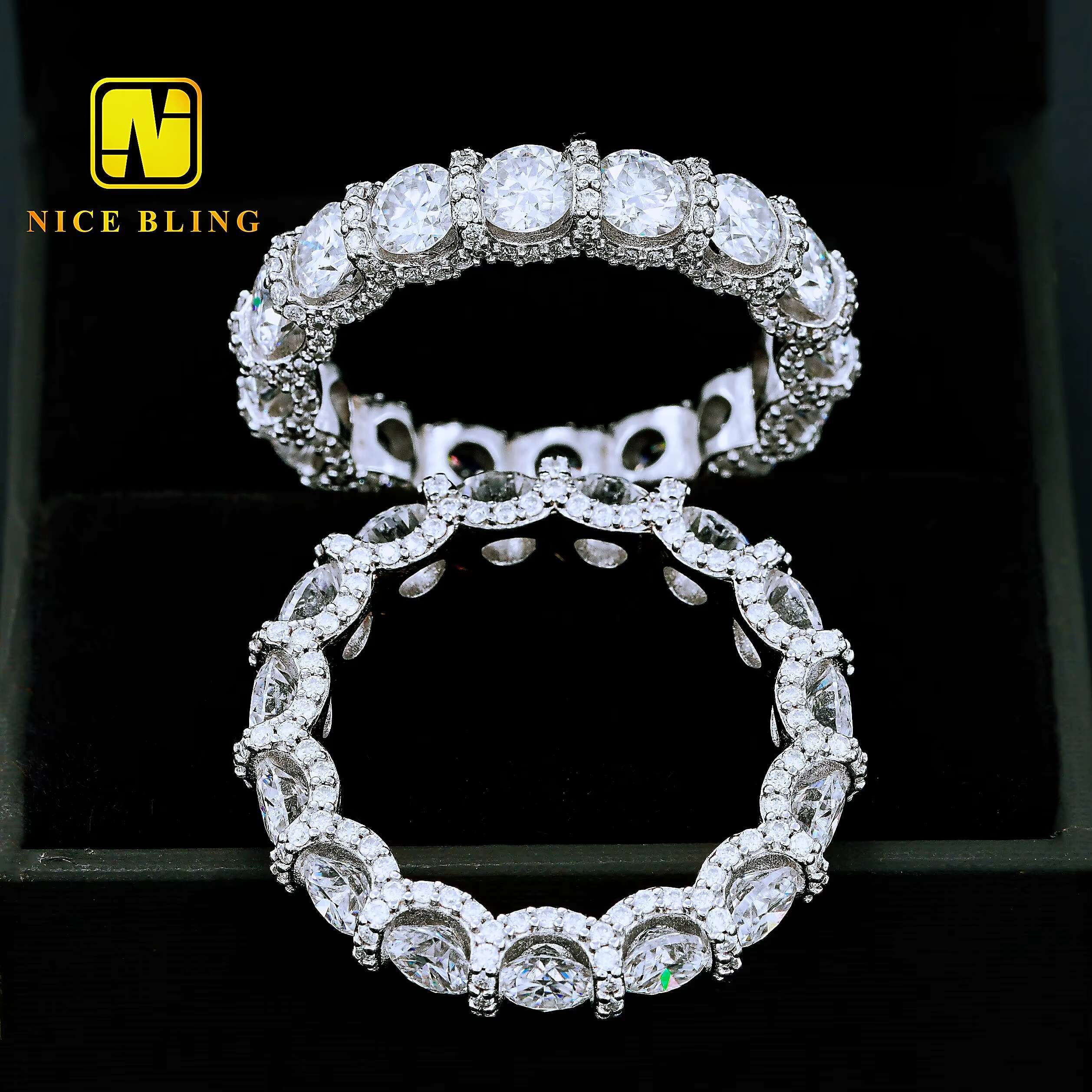 Side Setting Band Ring Vvs Moissanite 925 Sterling Silver Rings for Men Hip Hop Rock Fine Jewelry