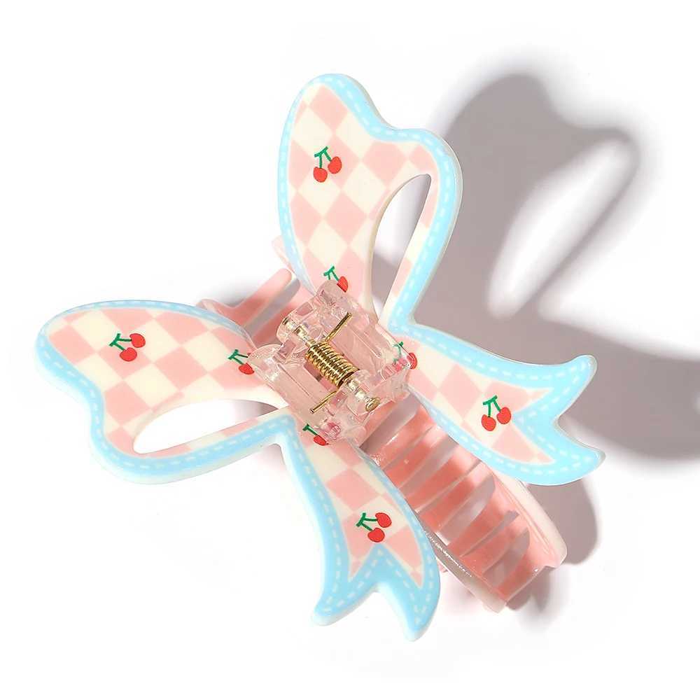 Sweet pink checkered cherry bow large-sized hair clip suitable for womens new ponytail geometric hair clip headwearT250425