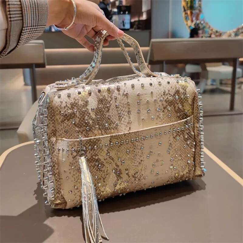 Spring and autumn rhinestone rivet soft leather leopard print handbag casual large-capacity one-shoulder cross-body women's bag