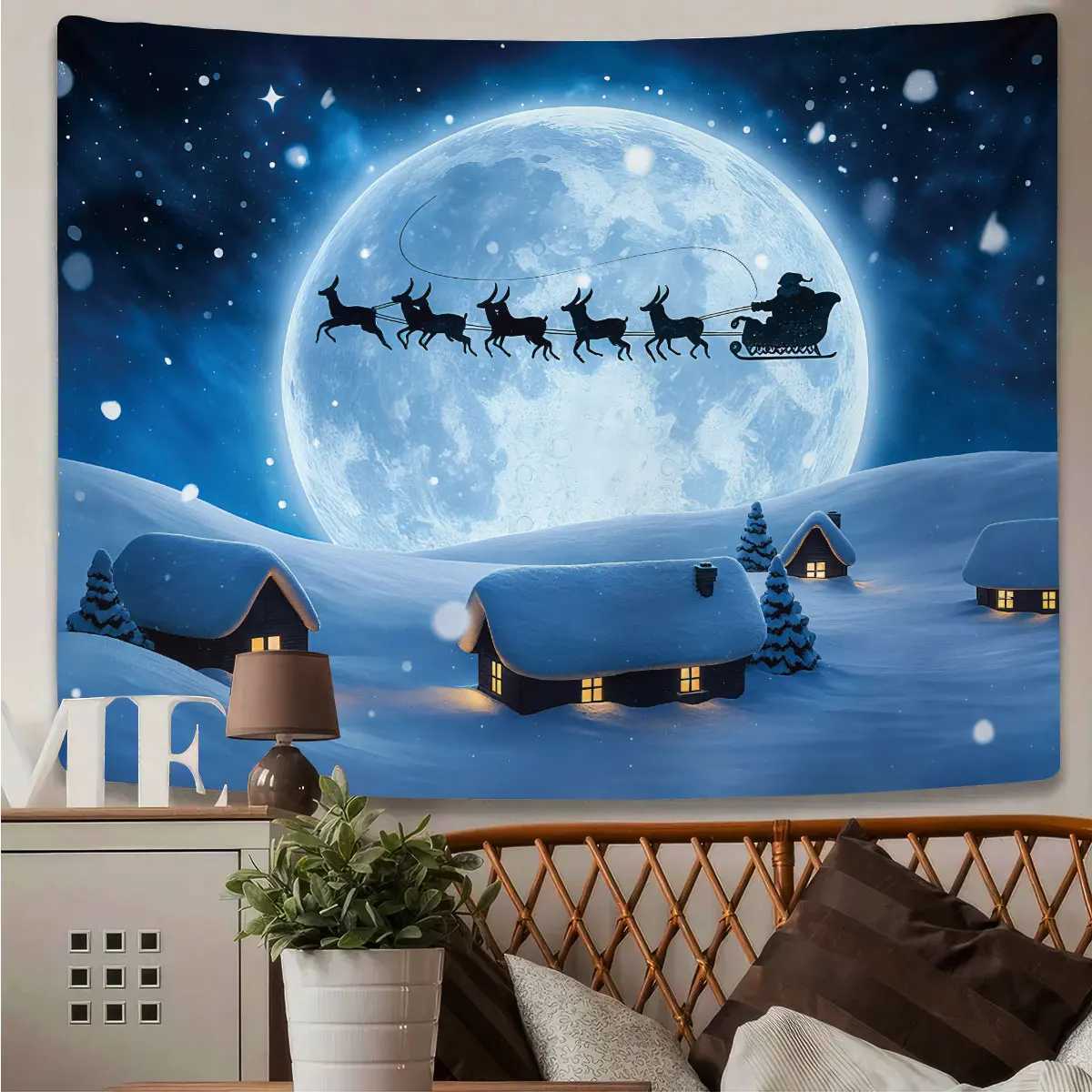 1pc Christmas Eve Santa Claus Sled Print Tapestry Living Room Wall Decoration Multi Size Background Cloth Machine WashableM251125