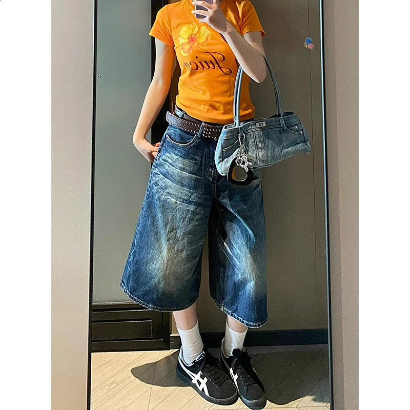 2025 vintage Y2K shampoo denim shorts high waist abused twisted wide leg bag jeans Jorts casual summer wear 250417