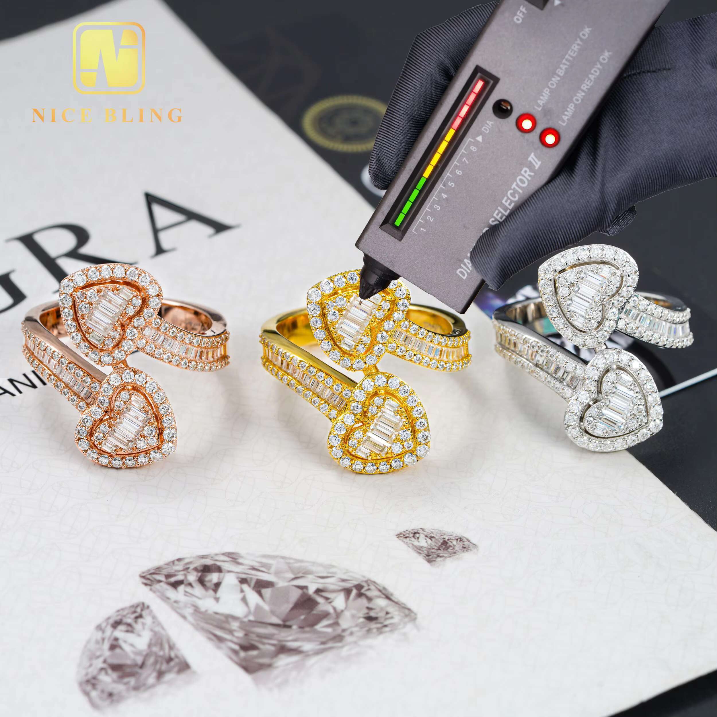 Pass Diamond Tester Wedding Bridal Jewelry baguette Cut Heart VVS Moissanite 925 Silver Curved Band Luxury Hiphop Ring